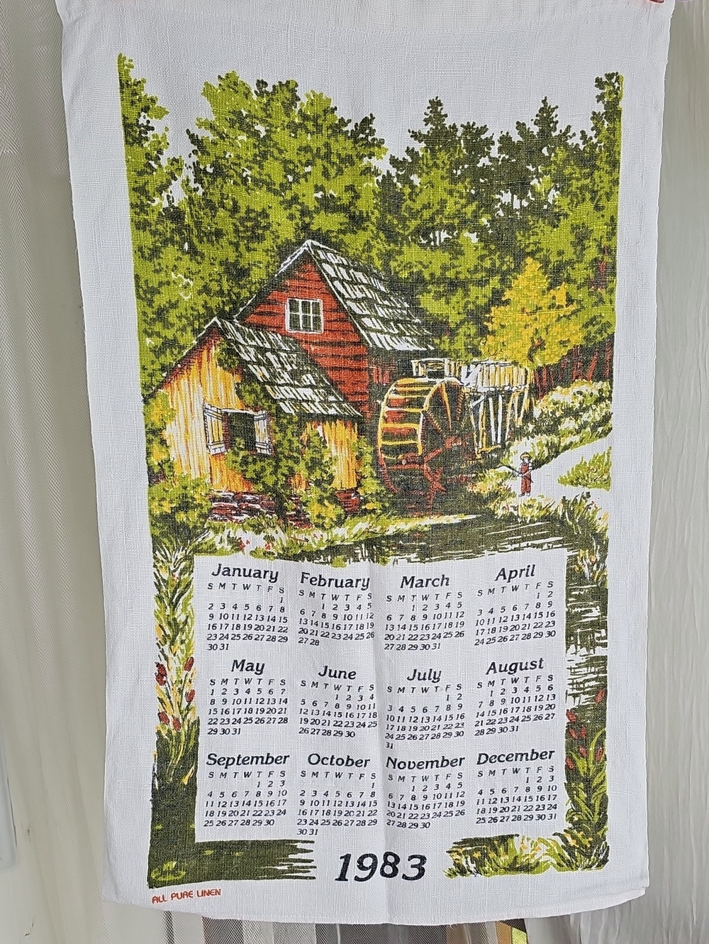 Vintage 1983 Linen Calendar Towel with Watermill Artwork